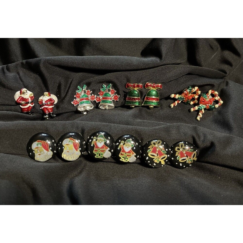 VTG Christmas Earrings Lot 7 Pairs Santa Bells Candy Canes Clip On Pierced